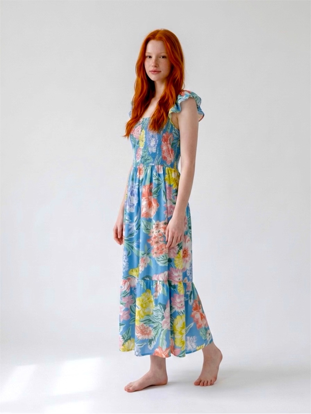 LOFT SIZE M GARDEN SMOCKED Ruffle  Floral Flutter-Sleeve Maxi Dress LIKE NEW
